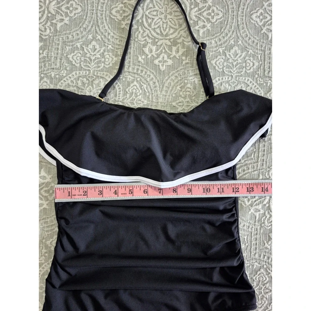 Holipick‎ Black Ruched Ruffle Off-the-Shoulder Halter One-Piece Swimsuit Womens